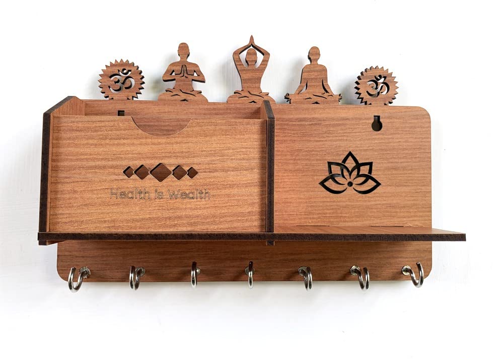 Yoga Mudra OM Flower Design 7 Hooks Wooden Phone Stand Key Holder