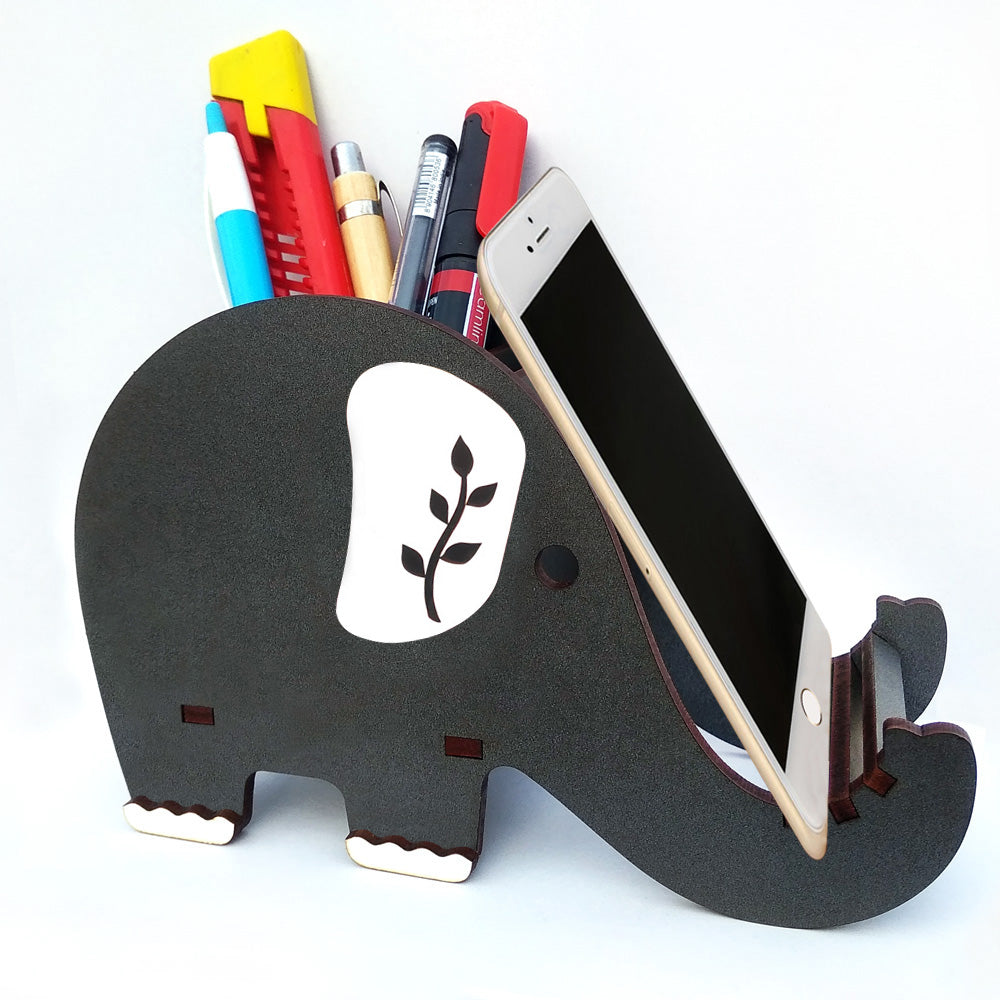 2 Compartments MDF wood Pencil Holder Mobile holder  (Black)