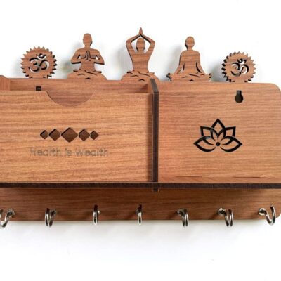 Yoga Mudra OM Flower Design 7 Hooks Wooden Phone Stand Key Holder
