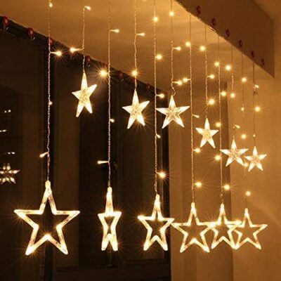 Dargar’s 12 Stars 138 Led Curtain String Lights, Window Curtain Decoration Lights With 8 Flashing For Home (138 Led – Star) – Warm White(Glass)